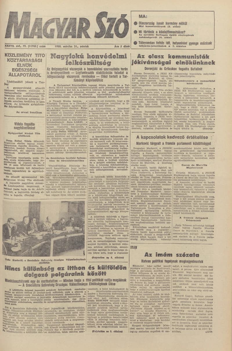 Magyar Szó, 37. évf. 1980. március 21. 79. sz. 1–20. oldal