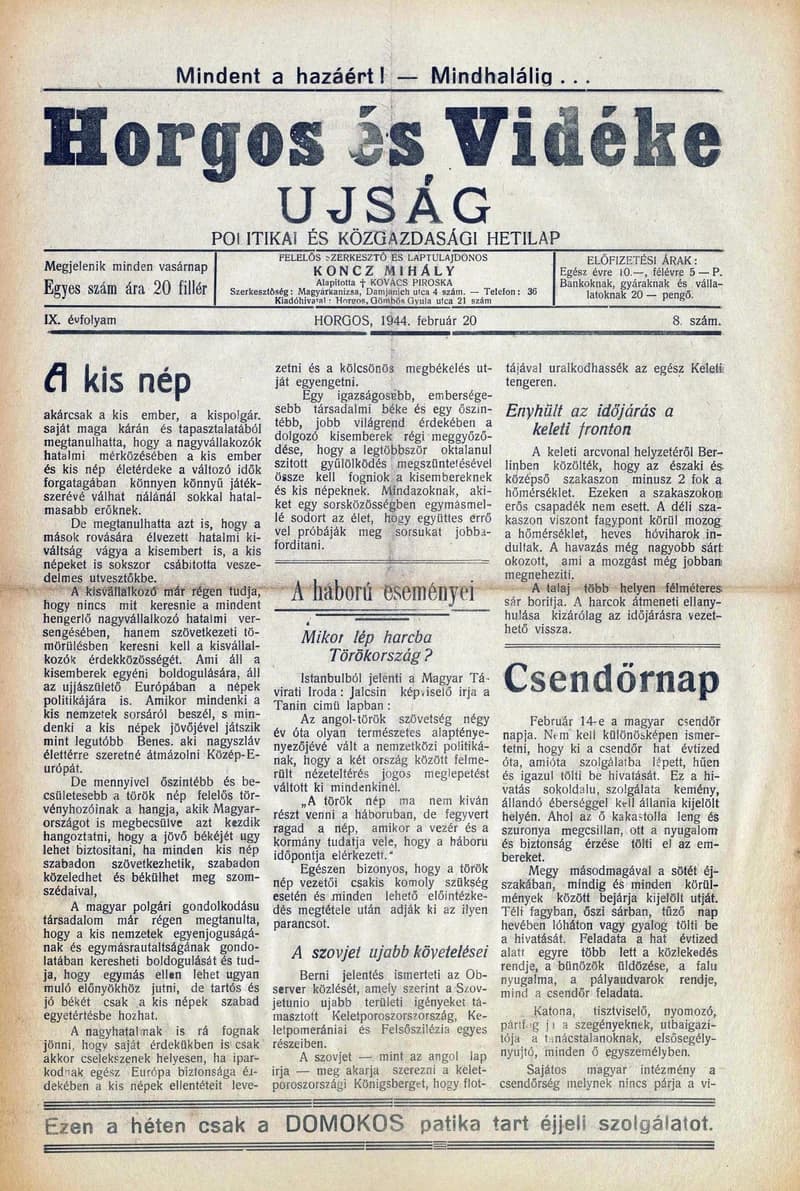 Horgos és vidéke, 9. évf. 1944. február 20. 8. sz.