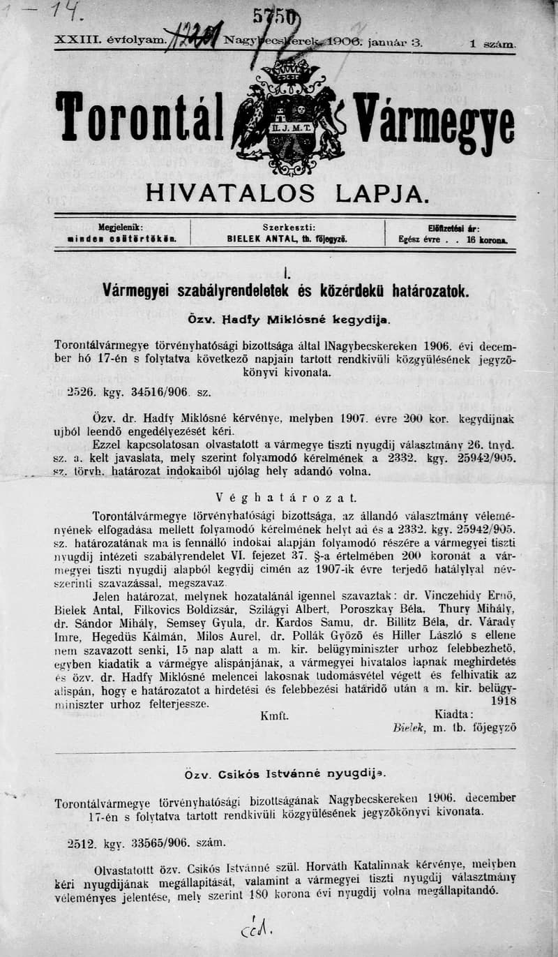 Torontál Vármegye Hivatalos Lapja, 23. évf. 1907. január 3. 1. sz.
