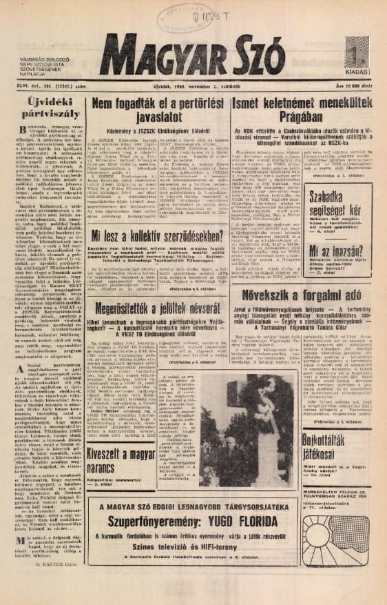 Magyar Szó, 46. évf. 1989. november 2. 301. sz. 1–16. oldal