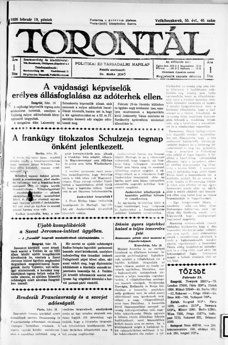 Torontál, 55. évf. 1926. február 19. 40. sz.