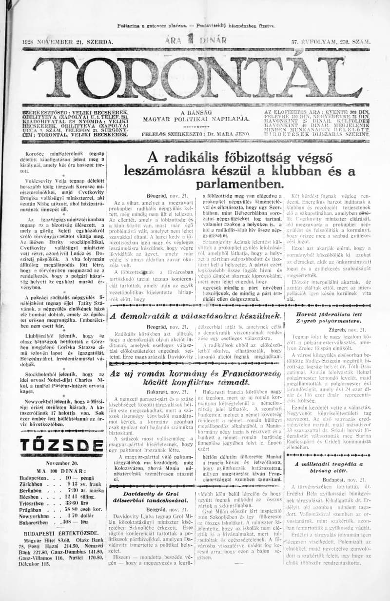 Torontál, 57. évf. 1928. november 21. 270. sz.