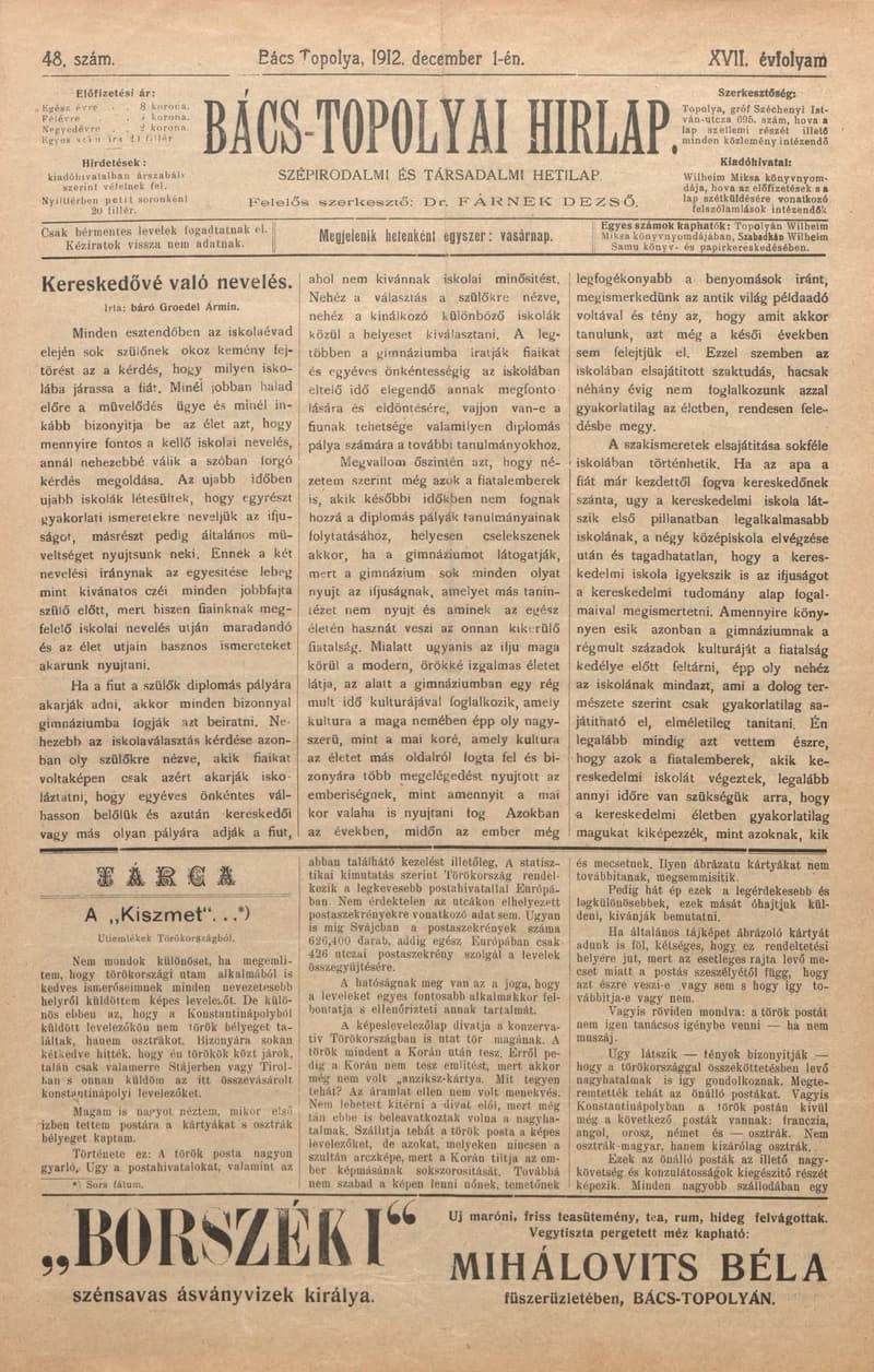 Bács-Topolyai Hirlap, 17. évf. 1912. december 1. 48. sz.