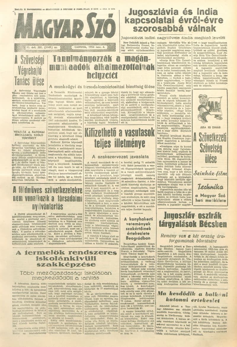 Magyar Szó, 11. évf. 1954. november 4. 301. sz. 1–12. oldal