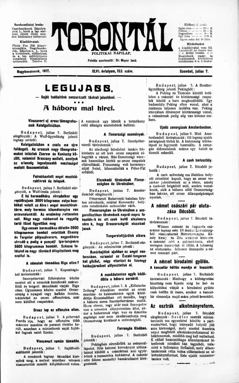 Torontál, 46. évf. 1917. július 7. 153. sz.