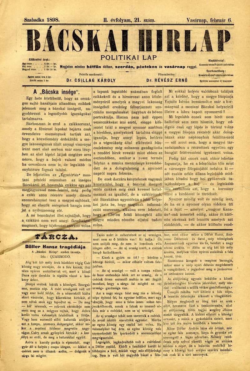 Bácskai Hirlap, 2. évf. 1898. február 6. 21. sz. 1–4. oldal