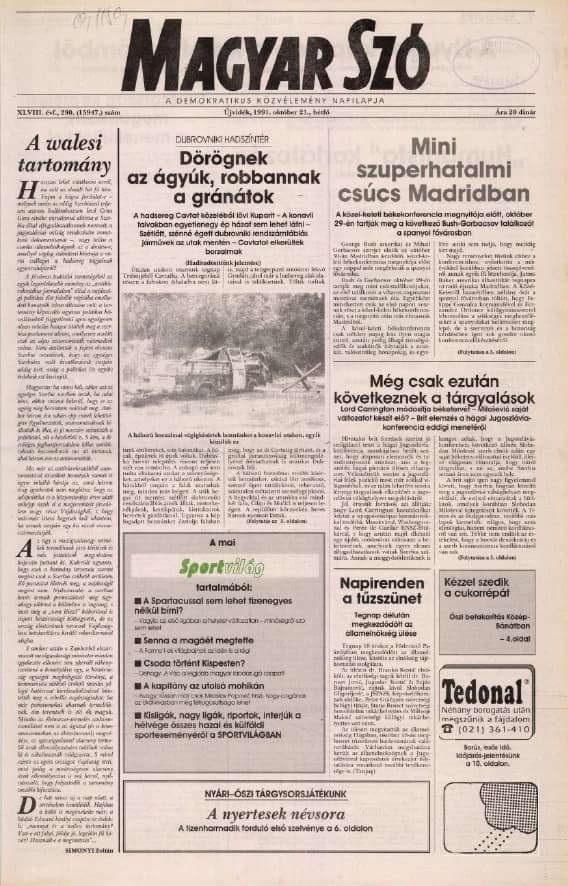 Magyar Szó, 48. évf. 1991. október 21. 290. sz. 1–20. oldal