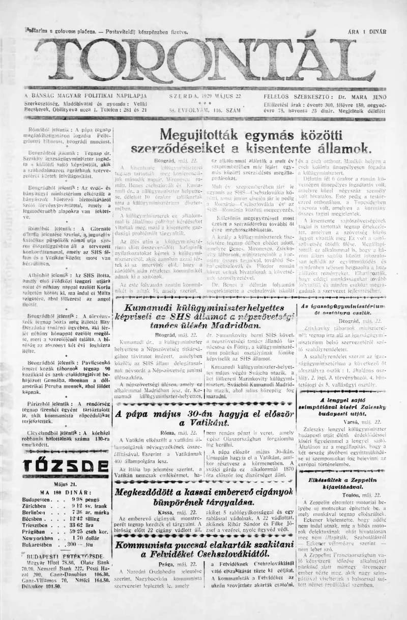 Torontál, 58. évf. 1929. május 22. 116. sz.