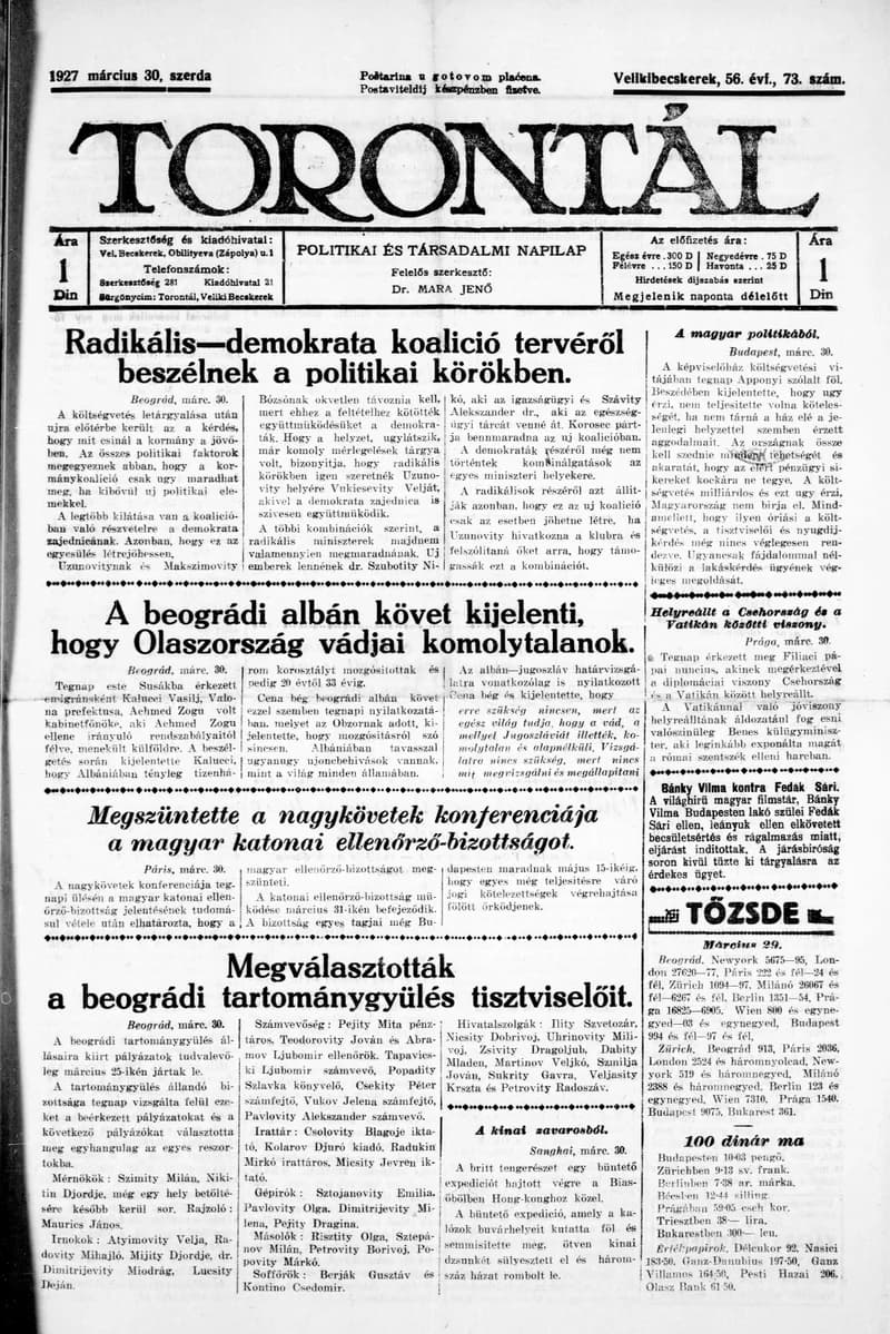 Torontál, 56. évf. 1927. március 30. 73. sz.