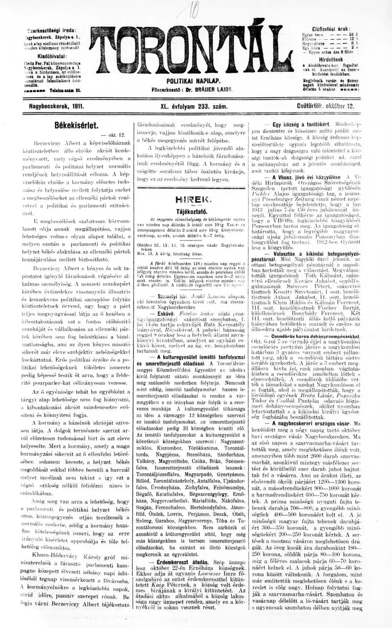 Torontál, 40. évf. 1911. október 12. 233. sz.