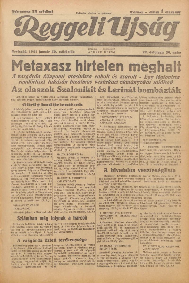 Reggeli Újság, 22. évf. 1941. január 30. 30. sz.
