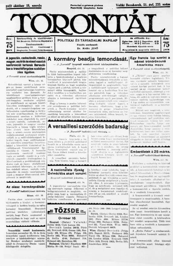 Torontál, 51. évf. 1922. október 18. 233. sz.
