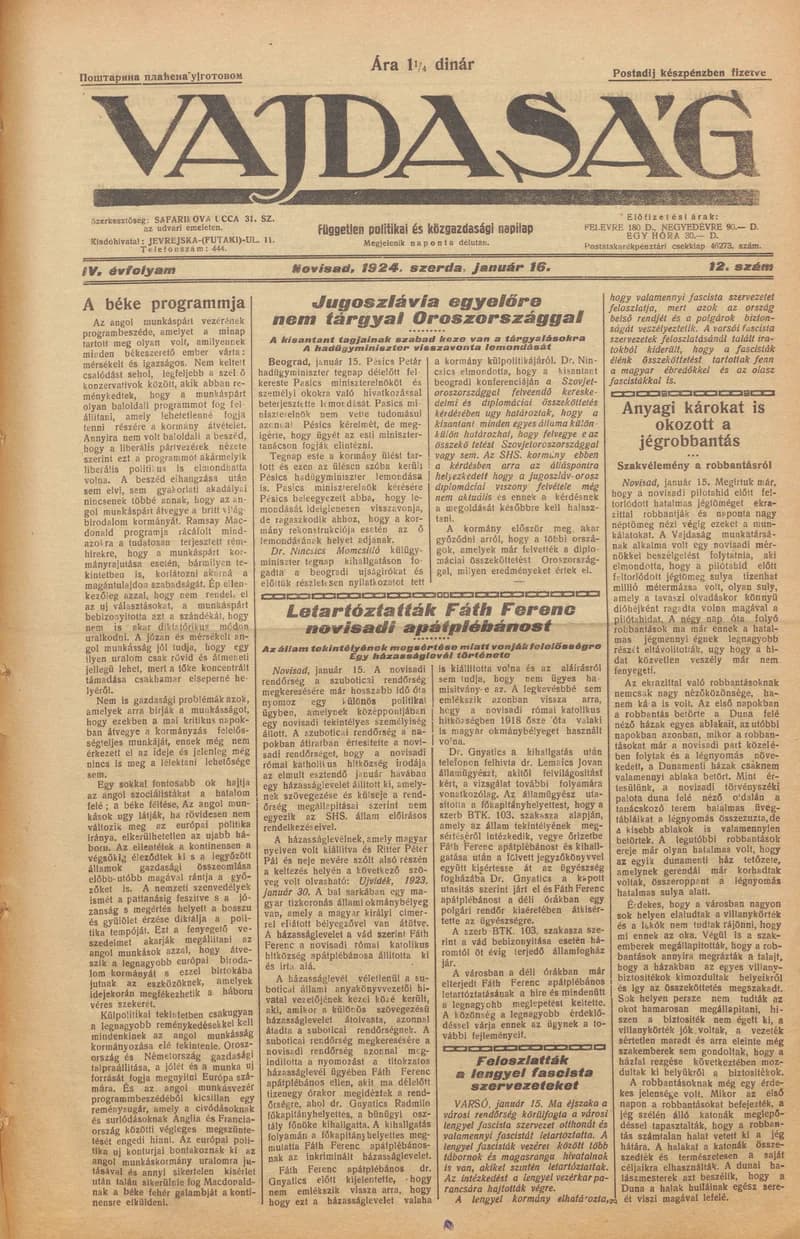Vajdaság, 4. évf. 1924. január 16. 12. sz.