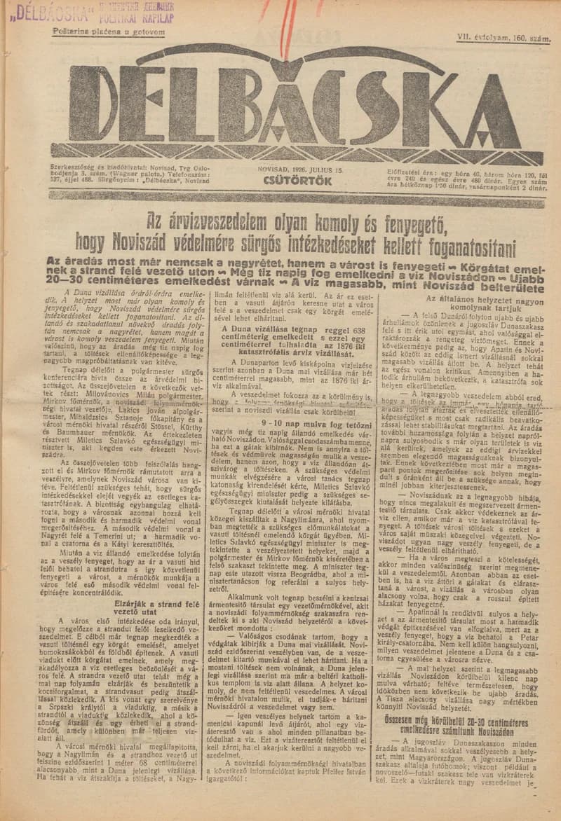 Délbácska, 7. évf. 1926. július 15. 160. sz.