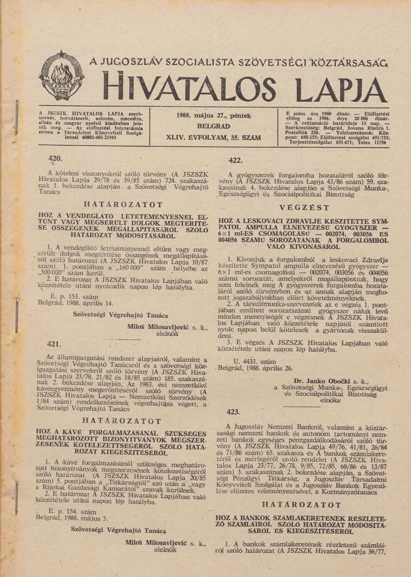 A Jugoszláv Szocialista Szövetségi Köztársaság Hivatalos Lapja, 44. évf. 1988. május 27. 35. sz. 917–996. oldal