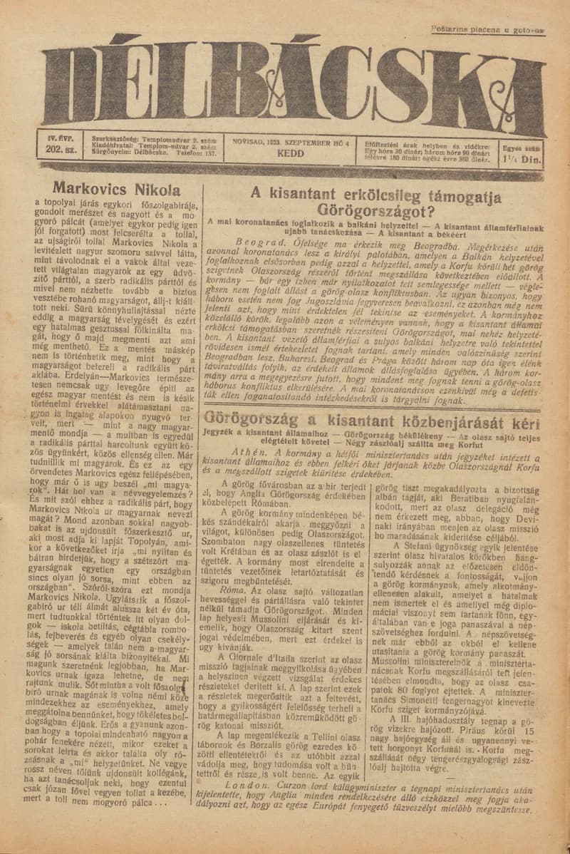 Délbácska, 4. évf. 1923. szeptember 4. 202. sz.