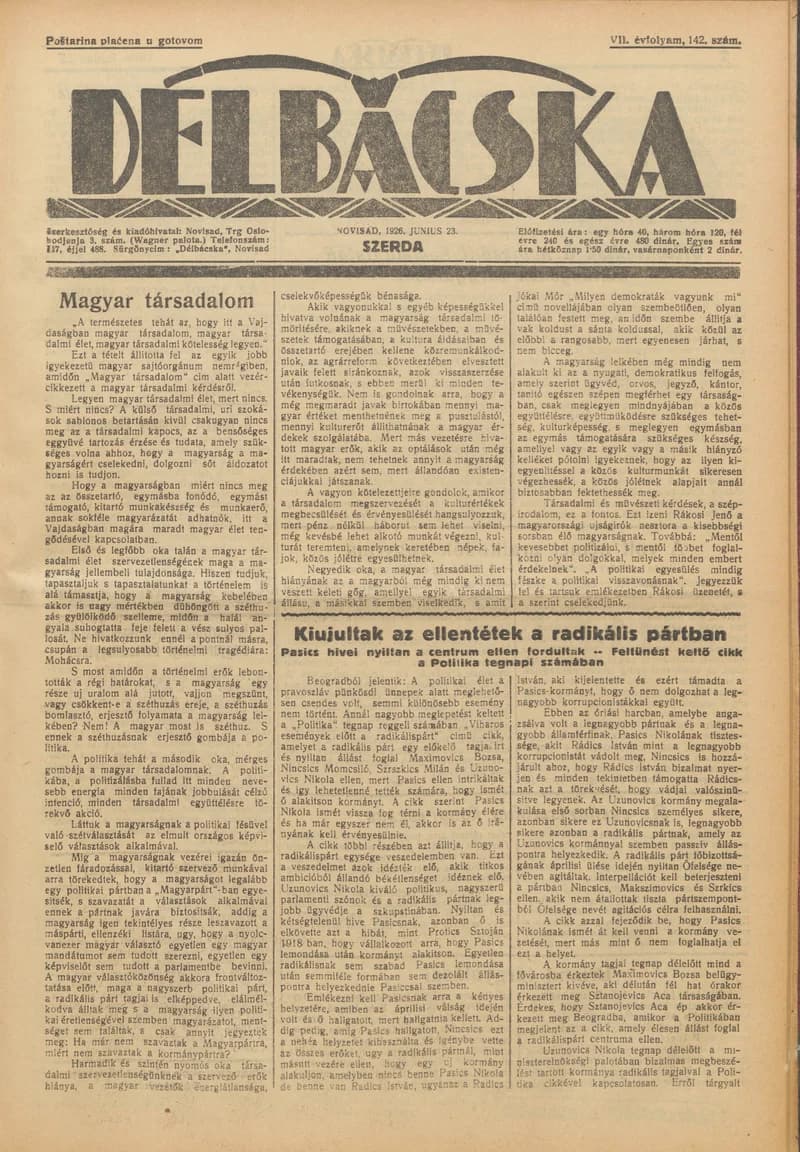 Délbácska, 7. évf. 1926. június 23. 142. sz.