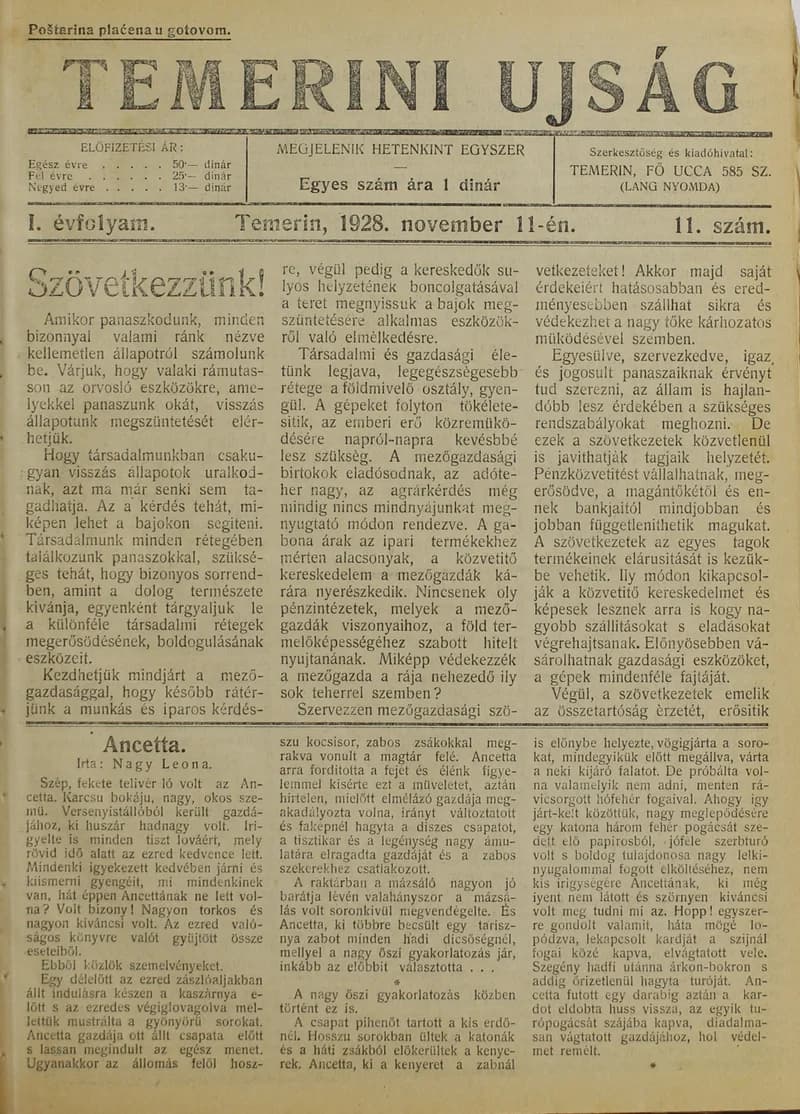 Temerini Újság 1928-1944, 1. évf. 1928. november 11. 11. sz.