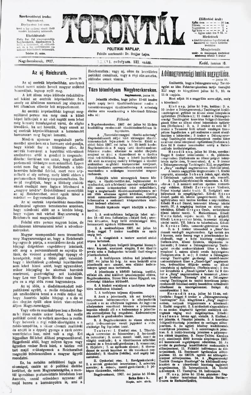 Torontál, 36. évf. 1907. június 18. 137. sz.