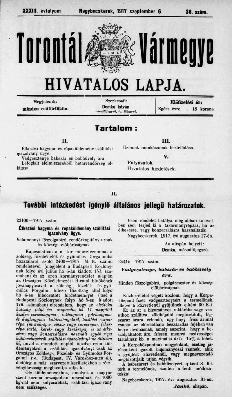 Torontál Vármegye Hivatalos Lapja, 33. évf. 1917. szeptember 6. 36. sz.
