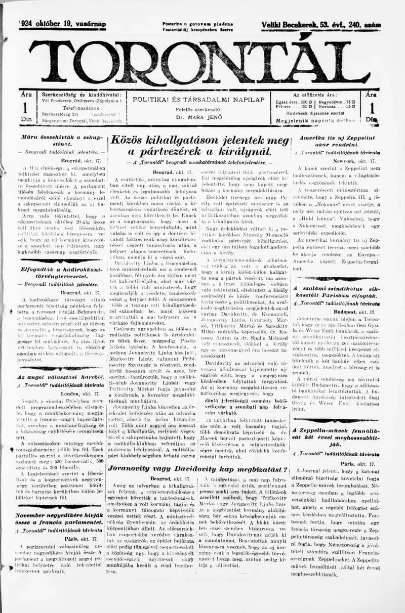 Torontál, 53. évf. 1924. október 19. 240. sz.