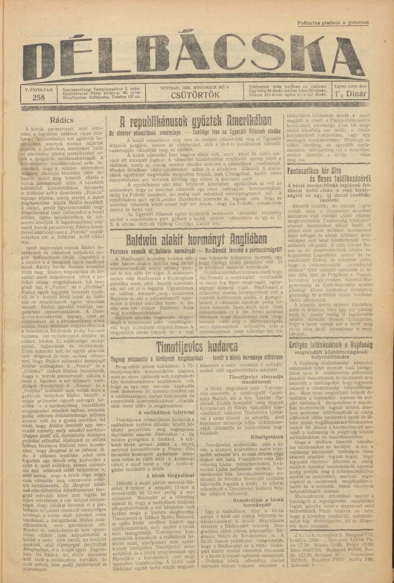 Délbácska, 5. évf. 1924. november 6. 258. sz.