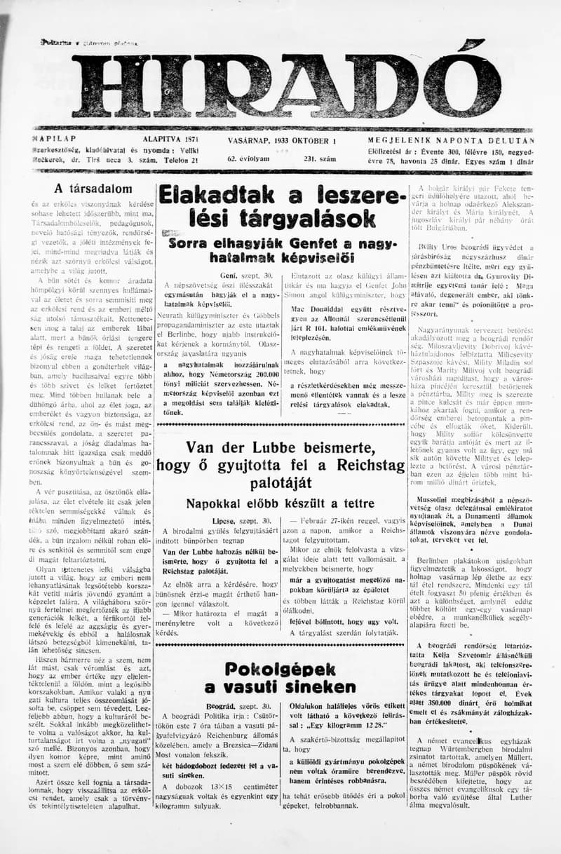 Híradó, 62. évf. 1933. október 1. 231. sz.