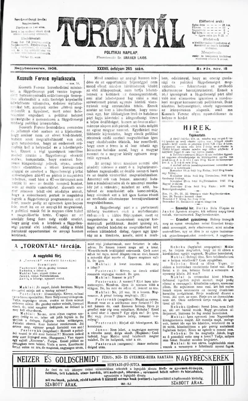 Torontál, 37. évf. 1908. november 18. 265. sz.
