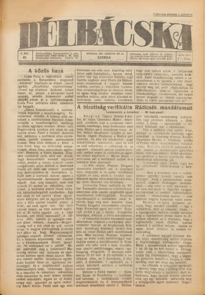 Délbácska, 5. évf. 1924. március 12. 61. sz.