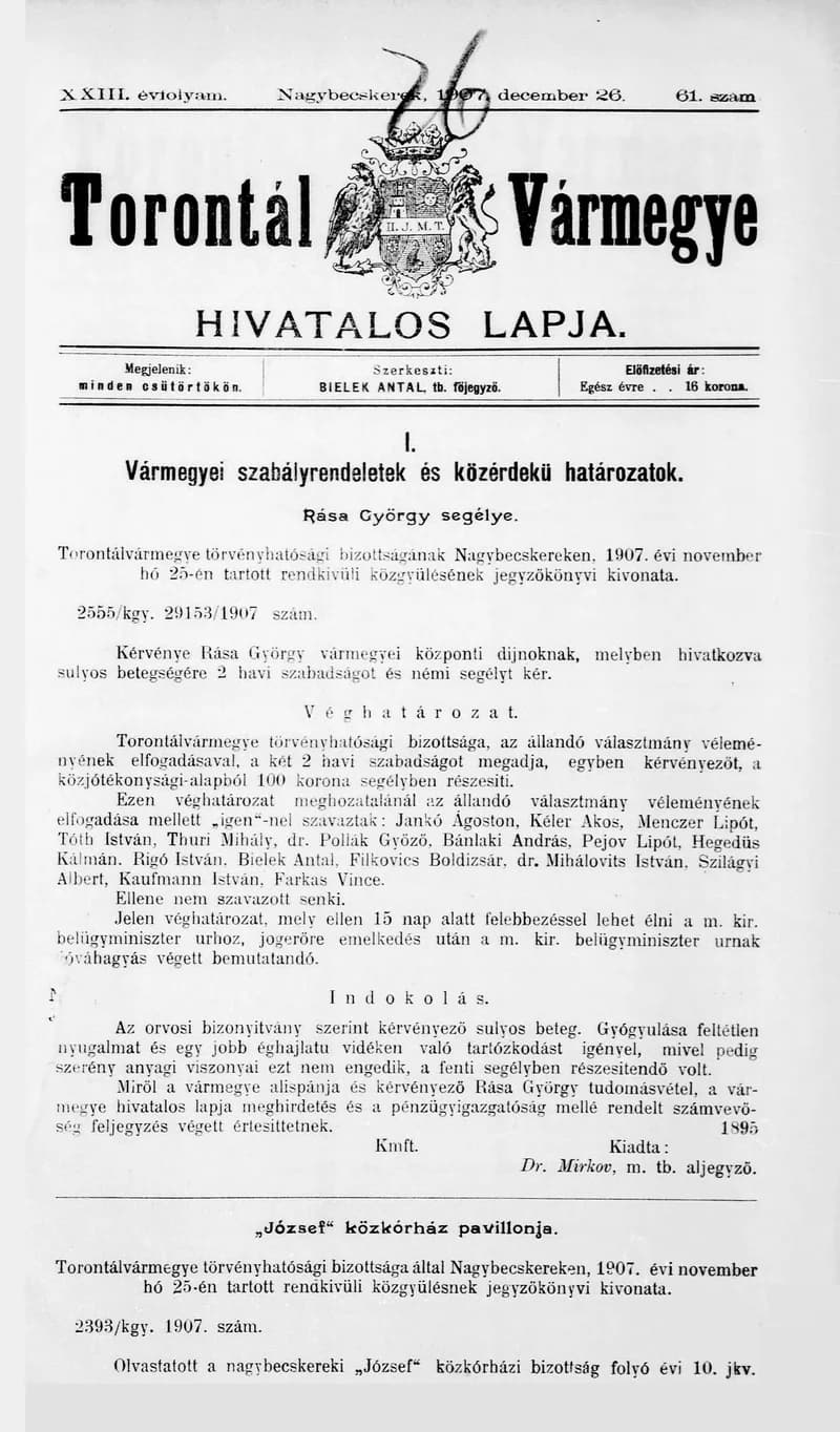 Torontál Vármegye Hivatalos Lapja, 23. évf. 1907. december 26. 61. sz.