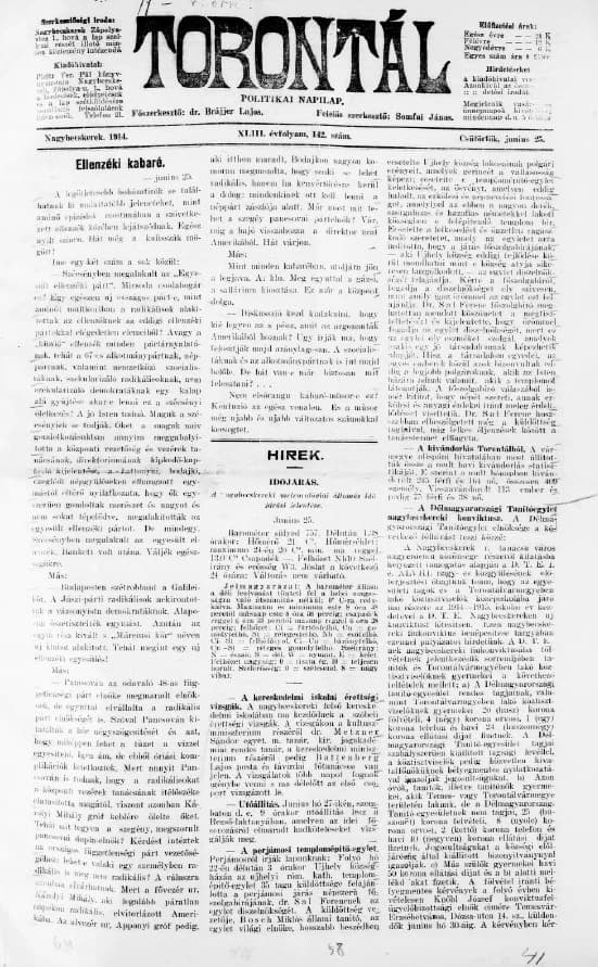 Torontál, 43. évf. 1914. június 25. 142. sz.