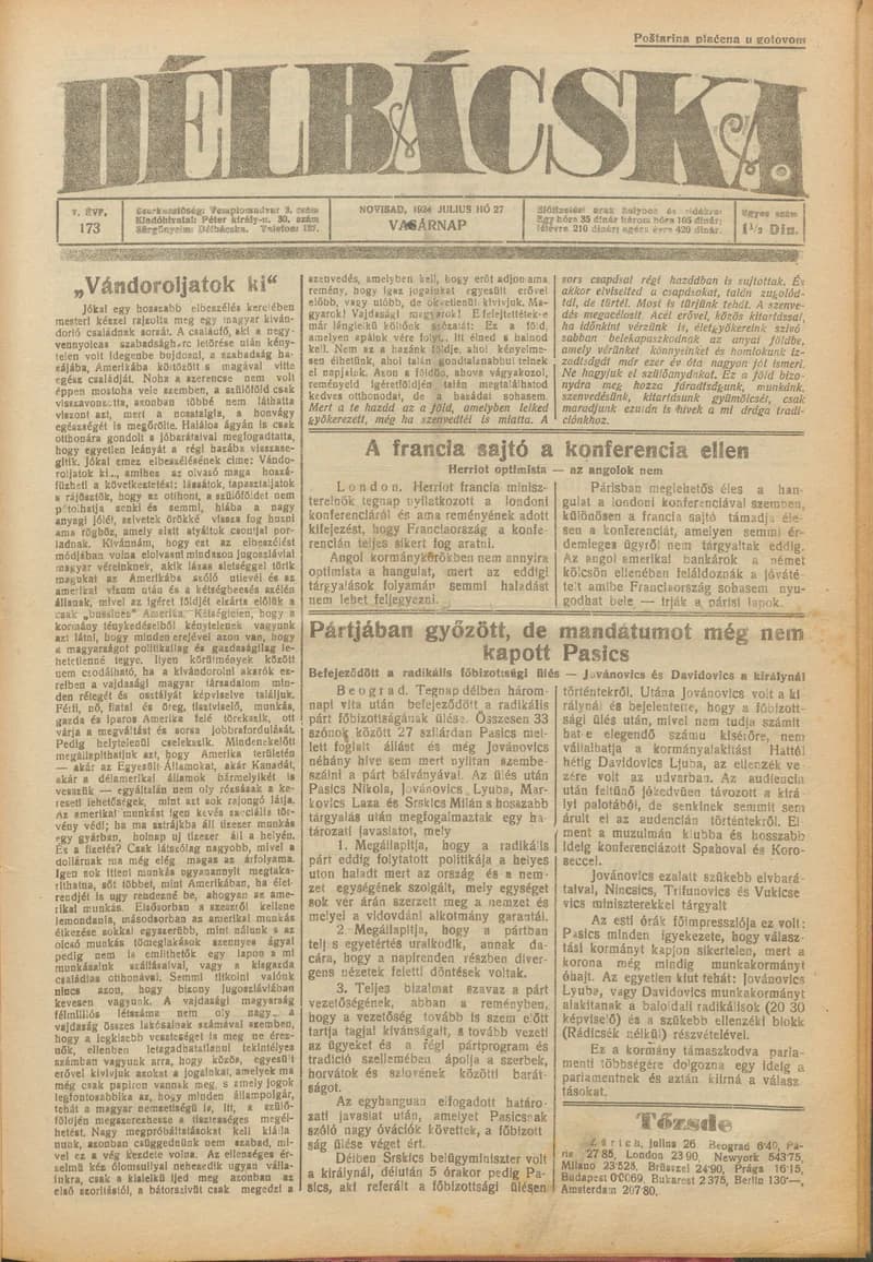 Délbácska, 5. évf. 1924. július 27. 173. sz.