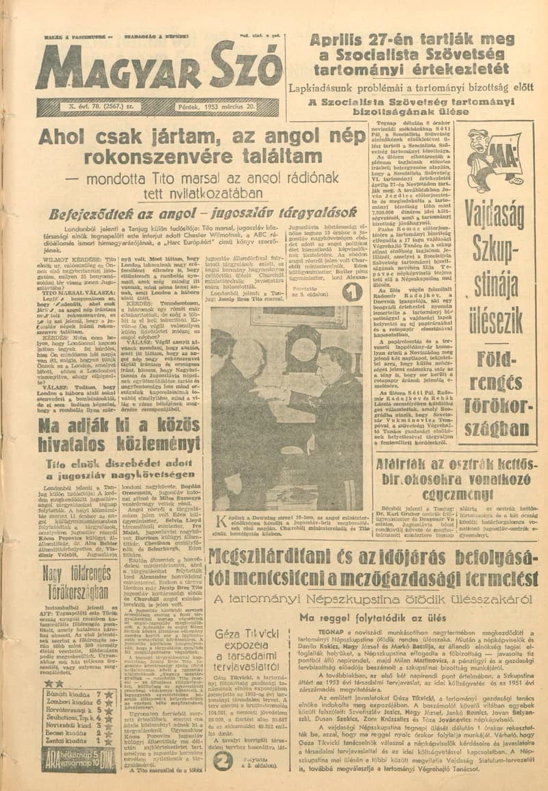 Magyar Szó, 10. évf. 1953. március 20. 78. sz. 1–10. oldal