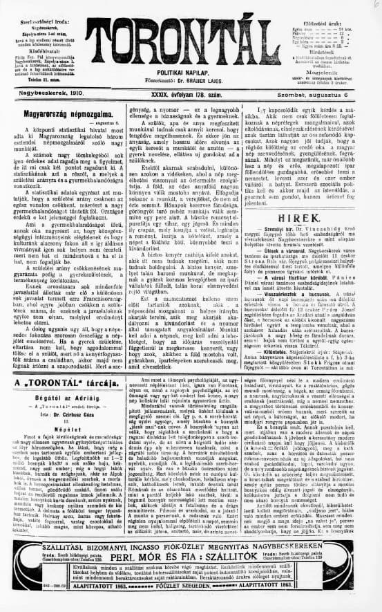Torontál, 39. évf. 1910. augusztus 6. 178. sz.