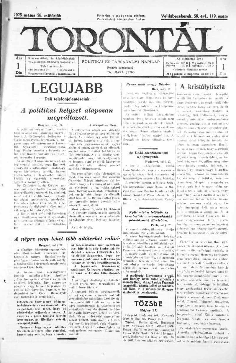 Torontál, 54. évf. 1925. május 28. 119. sz.