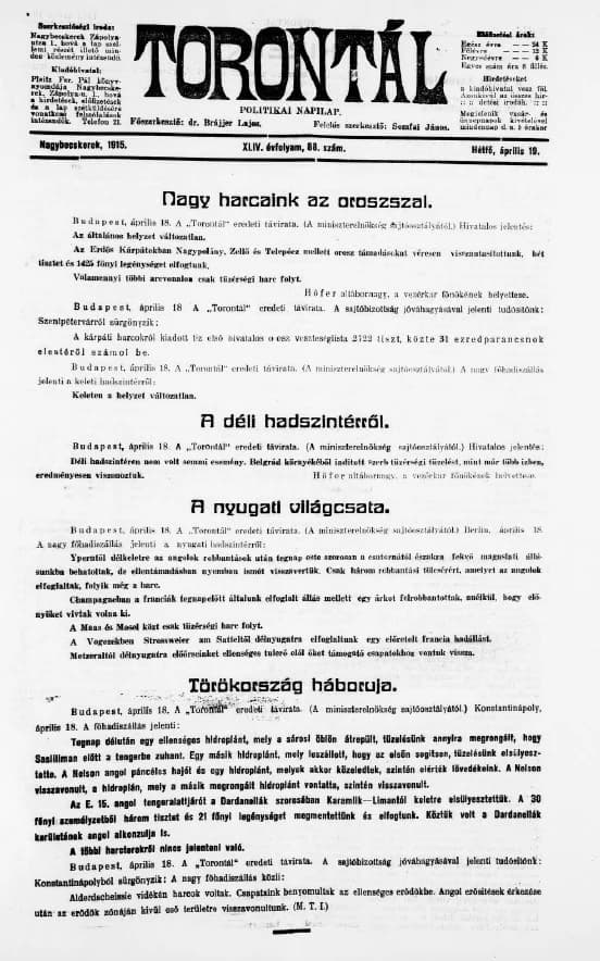 Torontál, 44. évf. 1915. április 19. 88. sz.