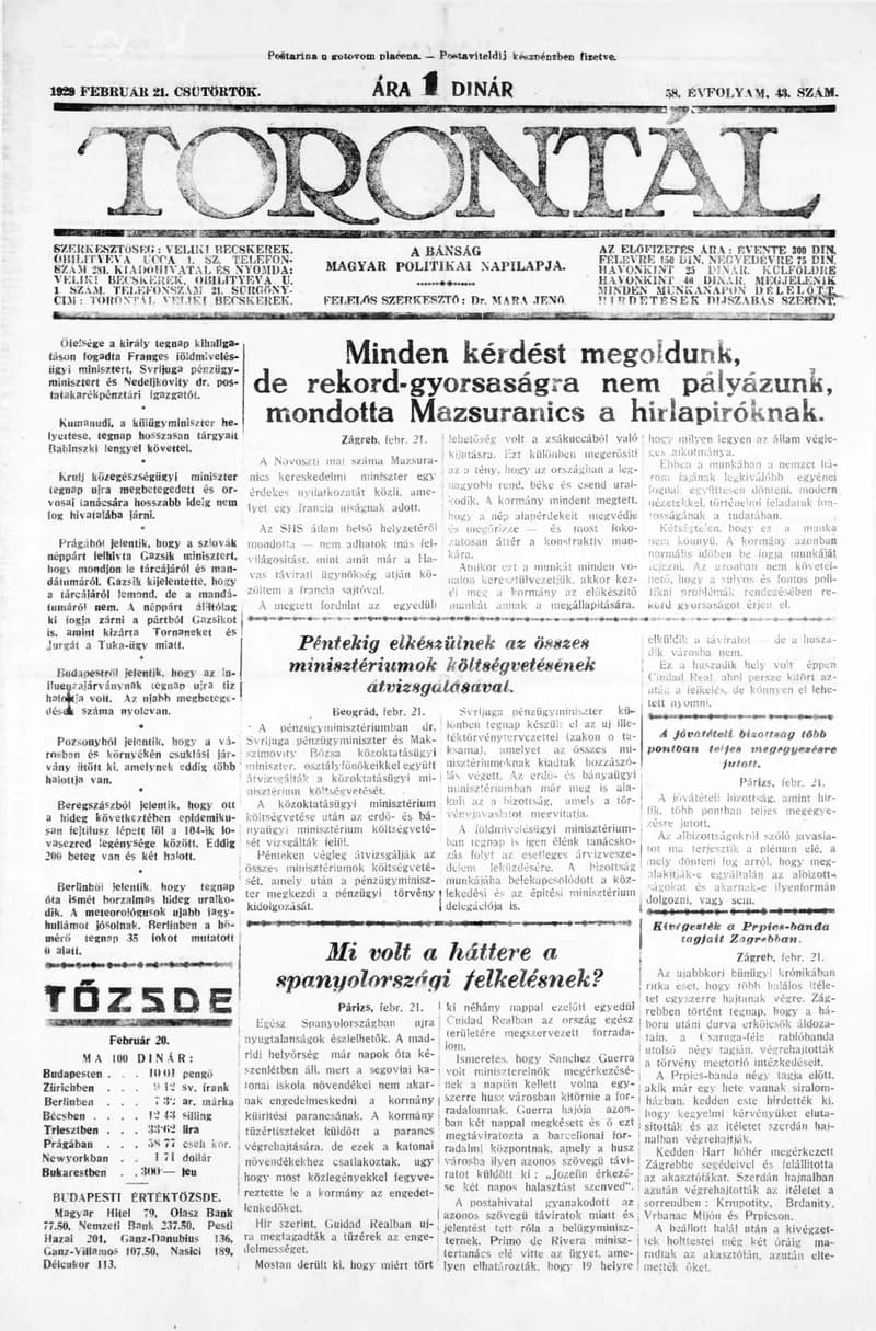 Torontál, 58. évf. 1929. február 21. 43. sz.