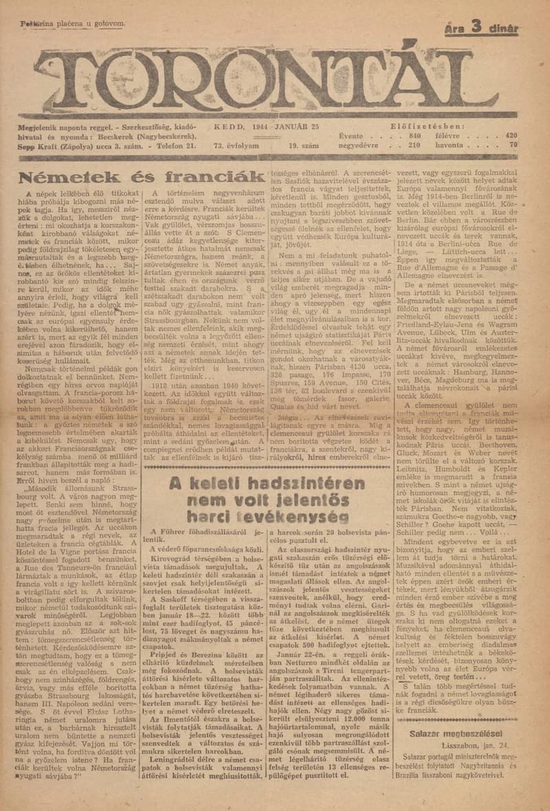 Torontál, 73. évf. 1944. január 25. 19. sz.