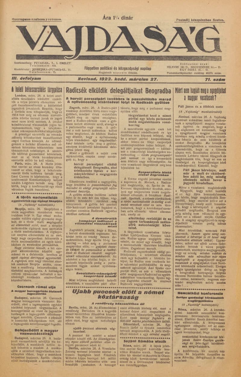 Vajdaság, 3. évf. 1923. március 26. 71. sz.