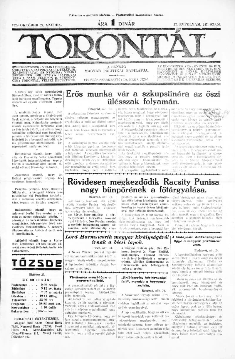 Torontál, 57. évf. 1928. október 24. 247. sz.