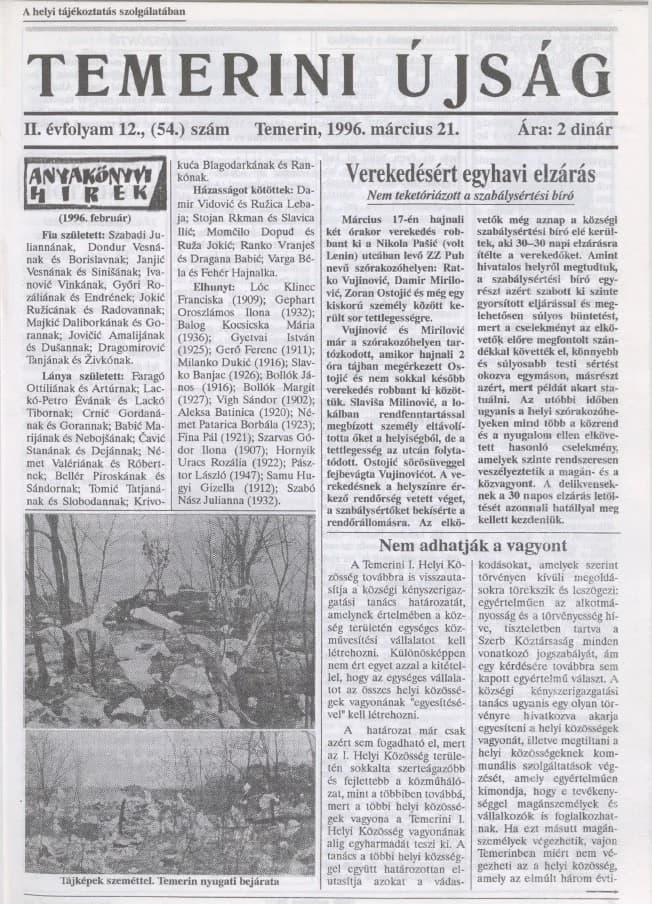 Temerini Újság, 2. évf. 1996. március 21. 12. sz.