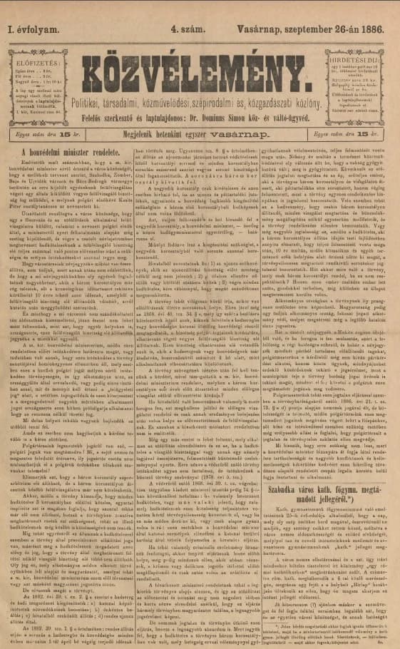 Közvélemény, 1. évf. 1886. szeptember 26. 4. sz.