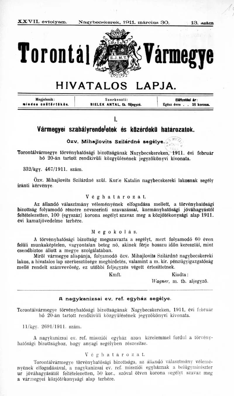 Torontál Vármegye Hivatalos Lapja, 27. évf. 1911. március 30. 13. sz.