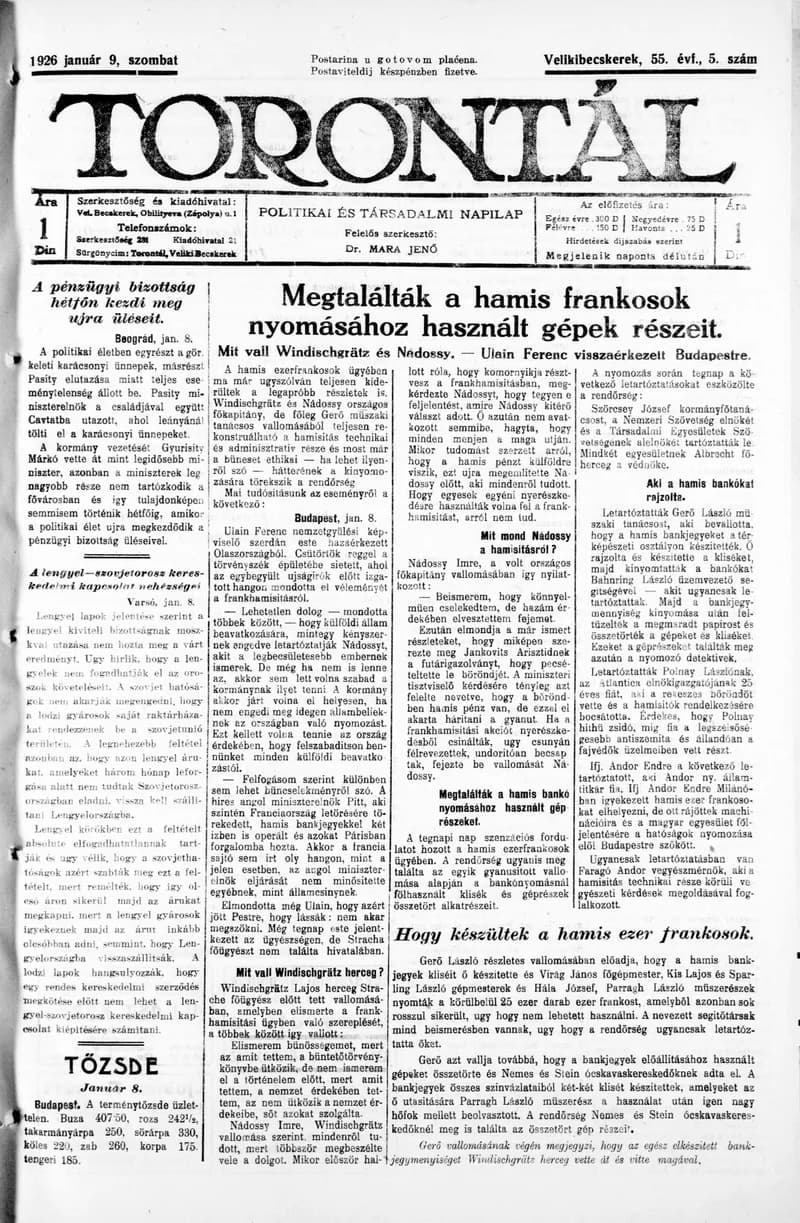 Torontál, 55. évf. 1926. január 9. 5. sz.