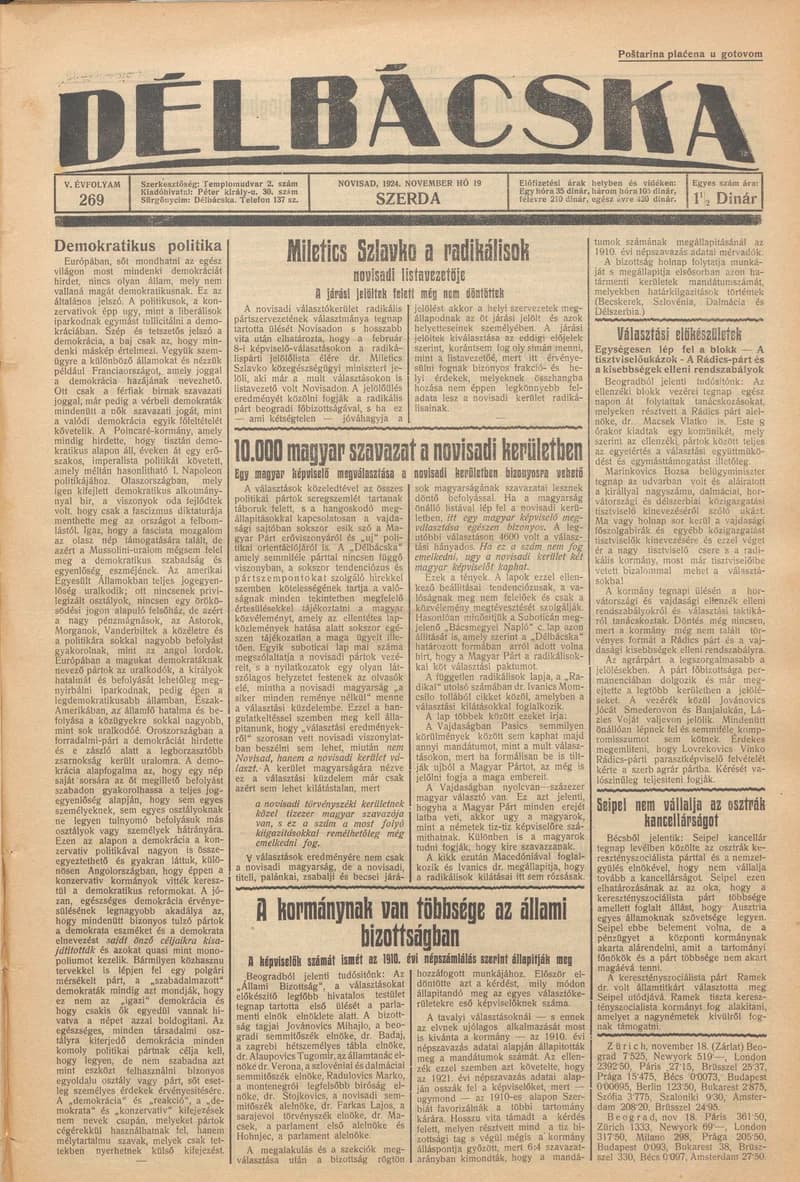 Délbácska, 5. évf. 1924. november 19. 269. sz.