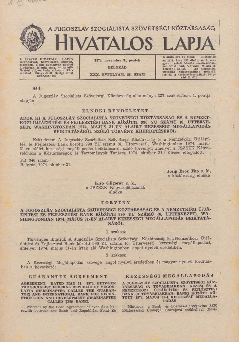 A Jugoszláv Szocialista Szövetségi Köztársaság Hivatalos Lapja, 30. évf. 1974. november 8. 56. sz. 1757–1808. oldal