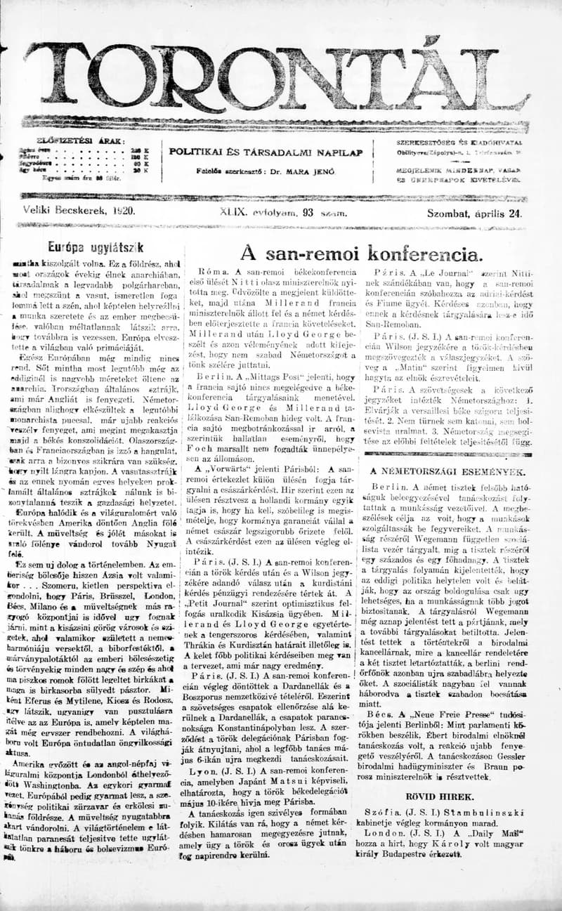 Torontál, 49. évf. 1920. április 24. 93. sz.