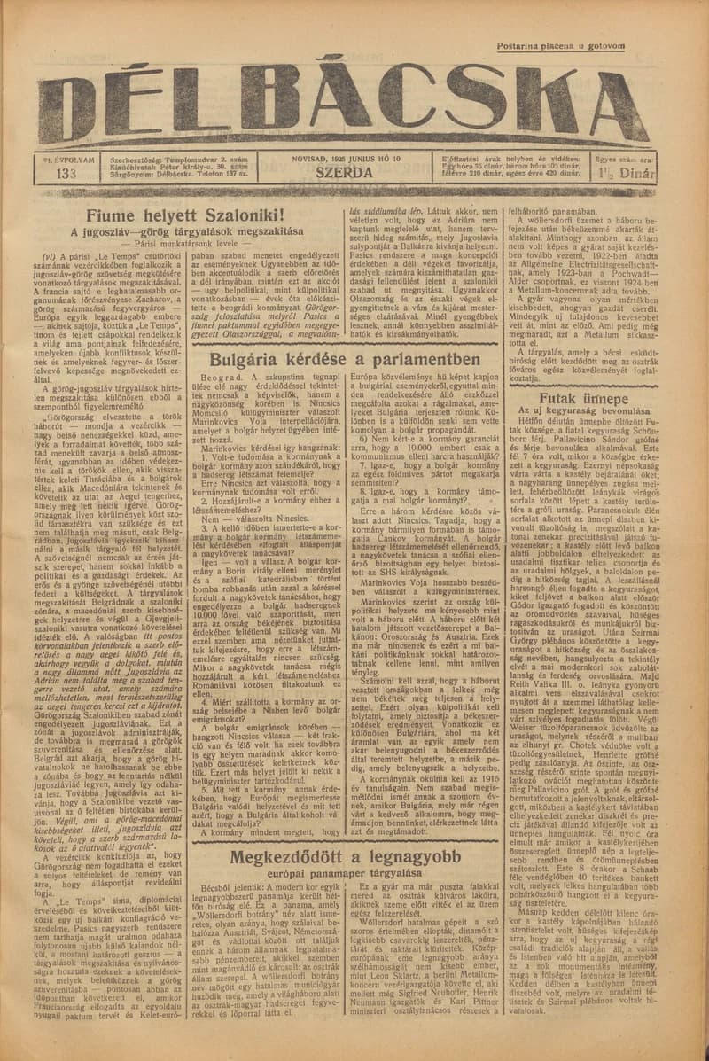 Délbácska, 6. évf. 1925. június 10. 133. sz.