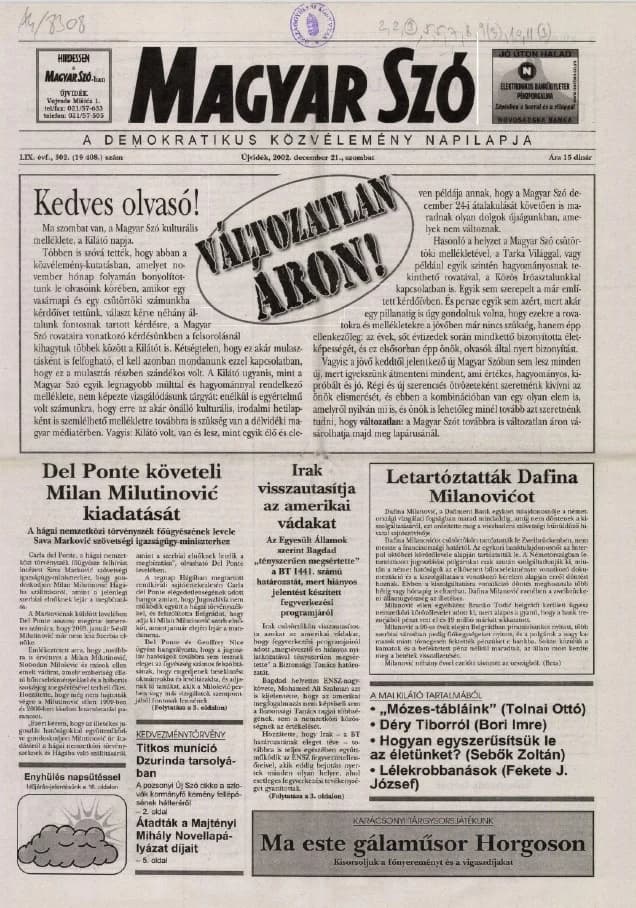 Magyar Szó, 59. évf. 2002. december 21. 302. sz. 1–16. oldal