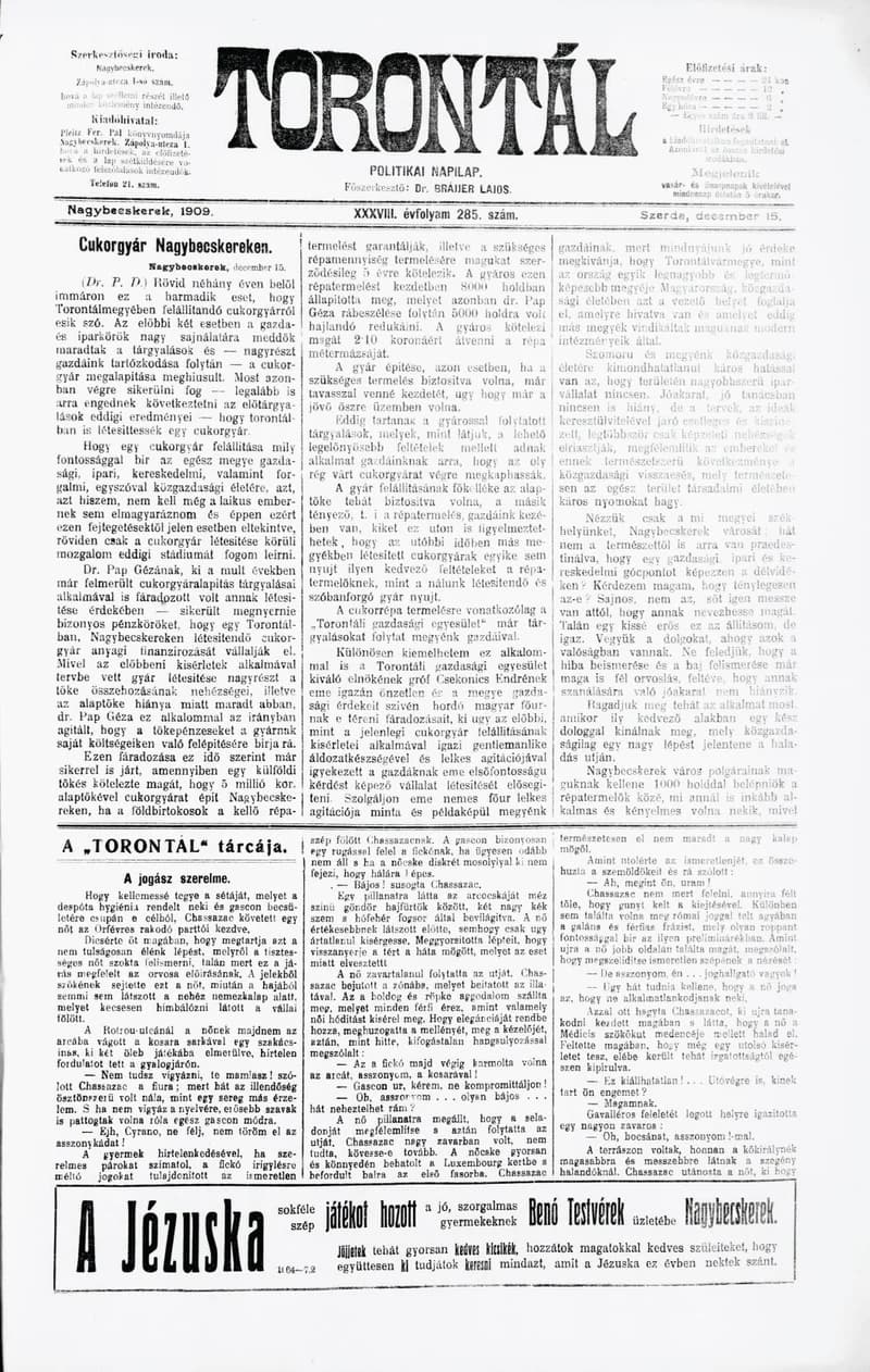Torontál, 38. évf. 1909. december 15. 285. sz.